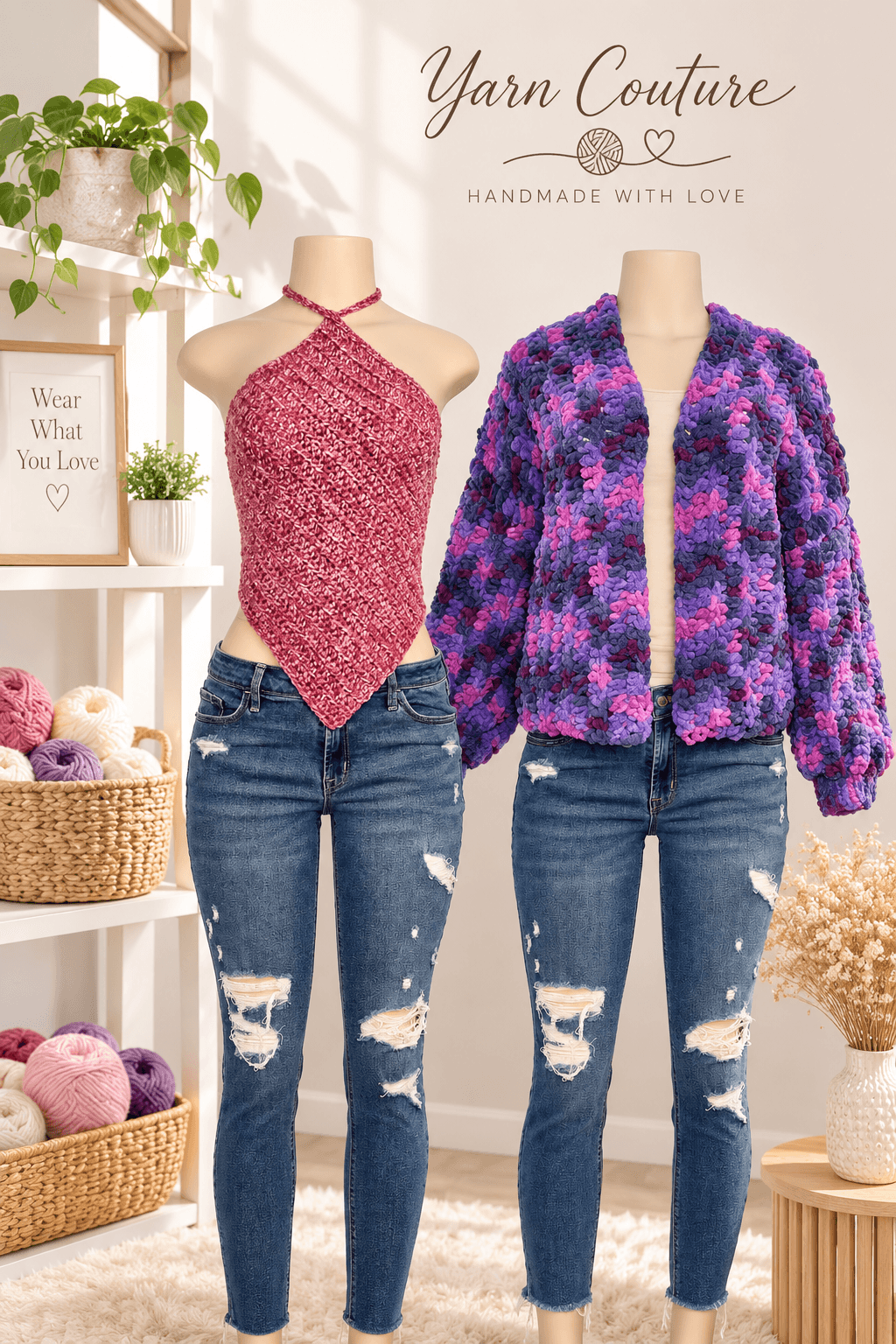 Patchwork crochet sweater in pink, purple, and red on a mannequin