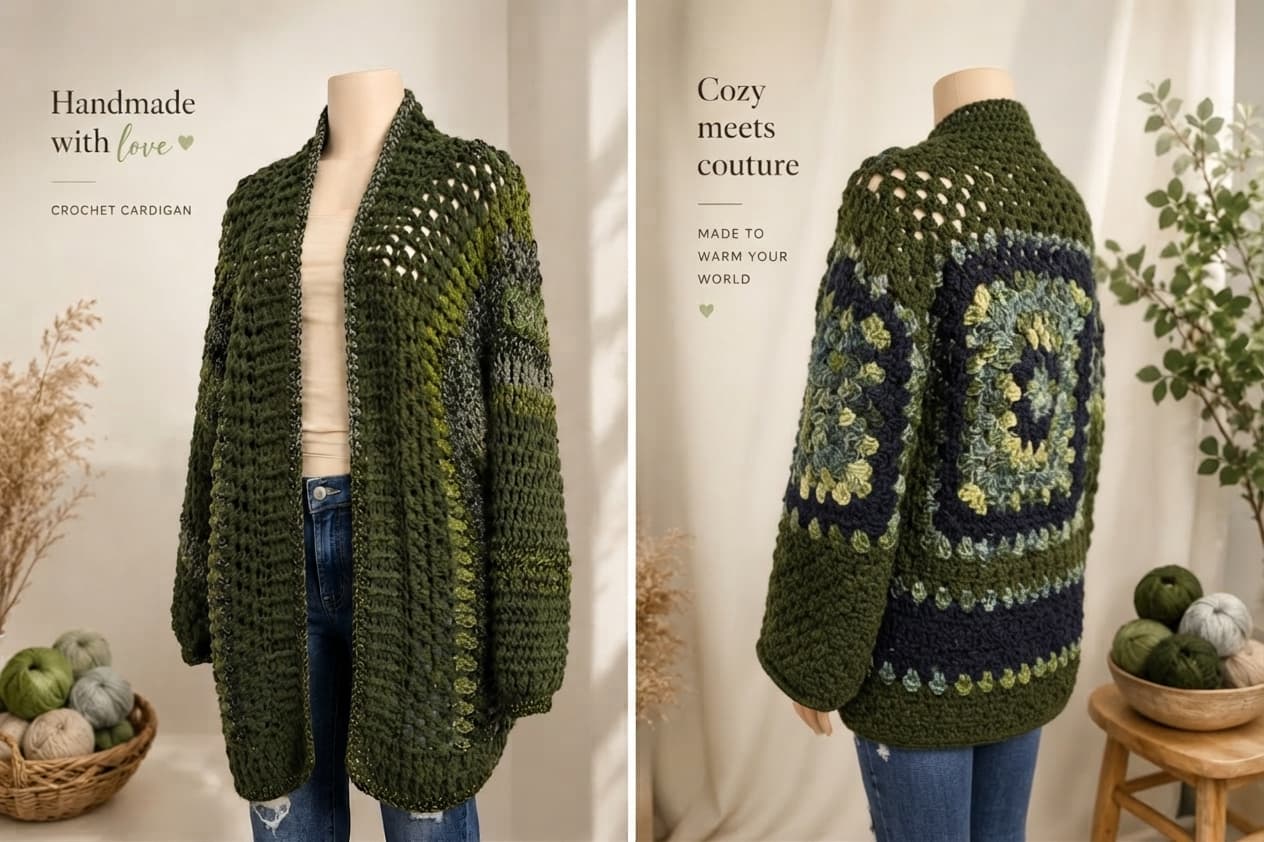 Green crocheted cardigan on a mannequin